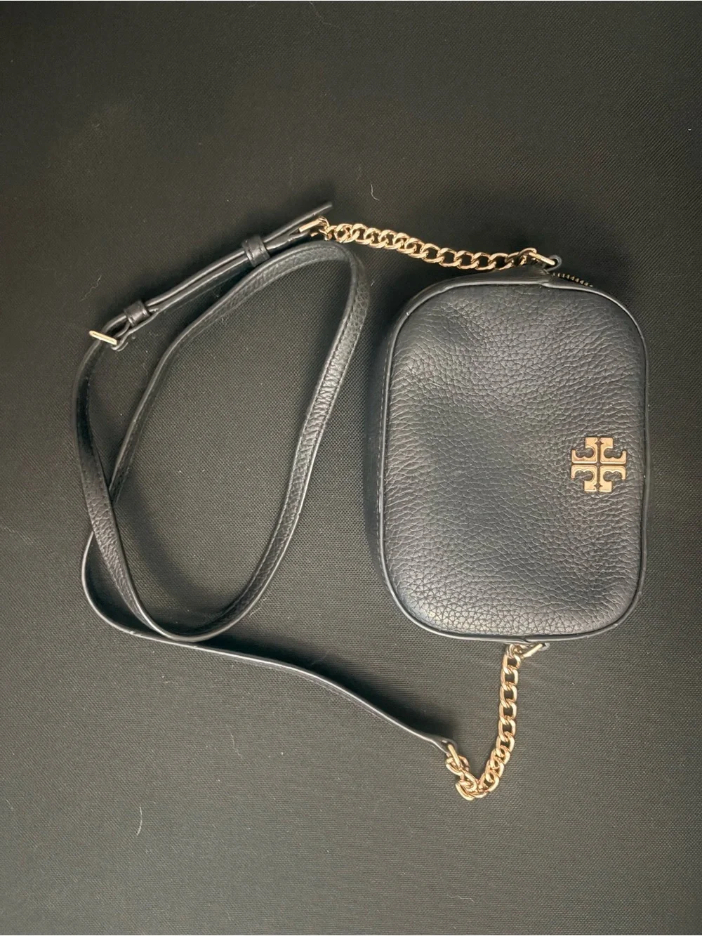 Tory Burch Black Pebbled Leather Crossbody with Gold Logo